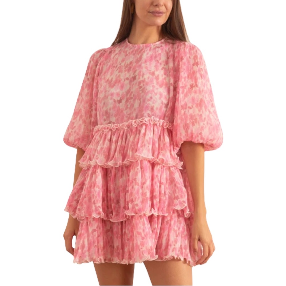 Ganni Georgette Tiered Pink Mini Dress Size 36/4 - Picture 3 of 9